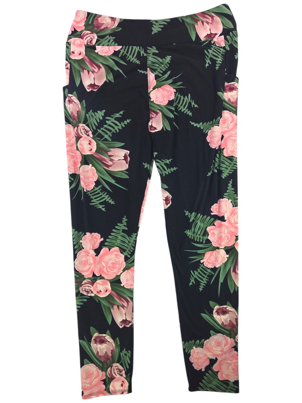 Simple Addiction | Black Leggings w/Roses & Pockets | Size Curvy (16-20)